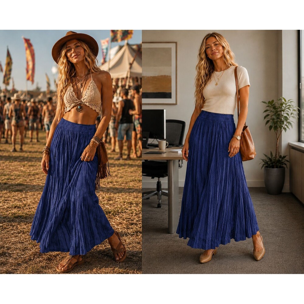Vintage Broom Pleated Denim-Look Skirt Size 8 Festival Boho Office Workwear